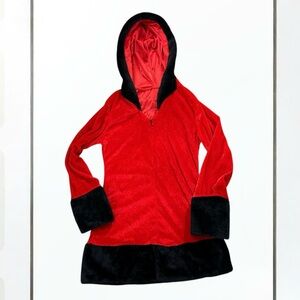 🎄 Red & Black Santa-Style Velour Hooded Pajama / Costume Top